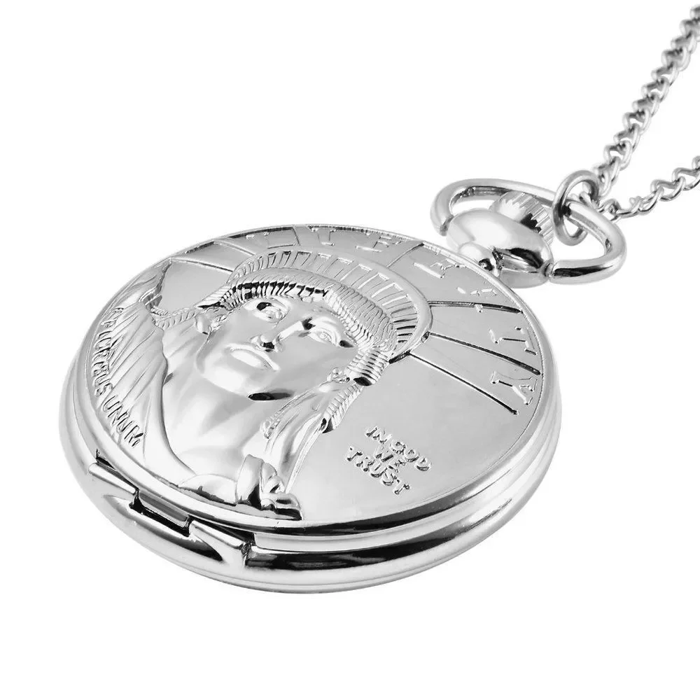STRADA Statue of Liberty Head Pattern Pocket Watch Silvertone